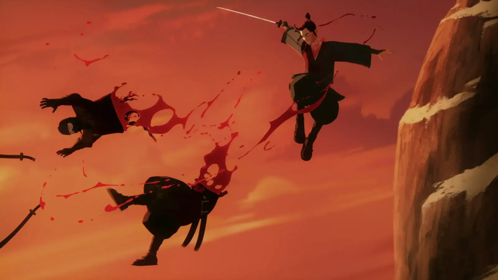 Mizu, la protagonista de Blue Eye Samurai, en pleno combate con su espada contra varios enemigos