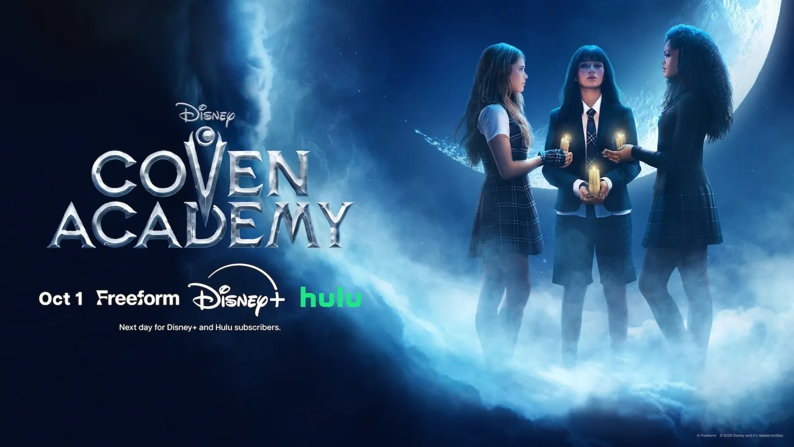 Arte oficial de Coven Academy con el logo de la serie y las fechas de estreno en Freeform, Disney+ y Hulu
