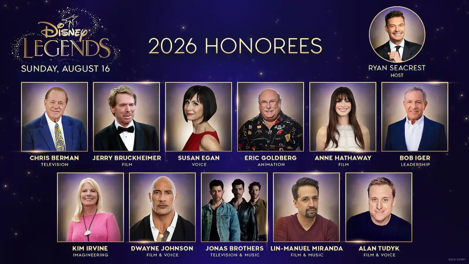 Los 11 homenajeados de Disney Legends 2026 y el presentador Ryan Seacrest