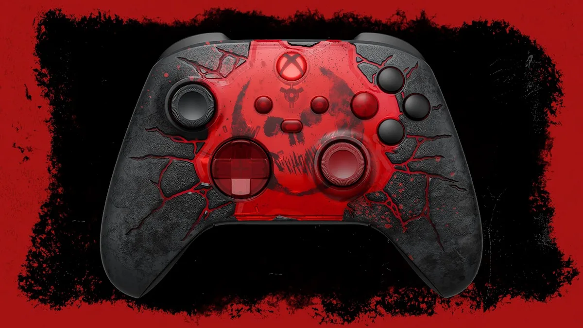Control Xbox Gears of War E-Day Edición Limitada de frente, con grietas rojas encendidas y el Presagio Carmesí en el centro