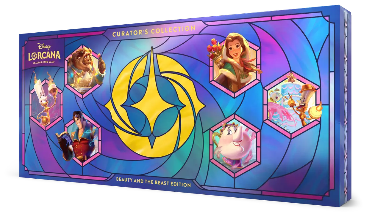Caja de la Curator’s Collection de Disney Lorcana dedicada a La Bella y la Bestia, con arte de vitral y seis personajes de la película