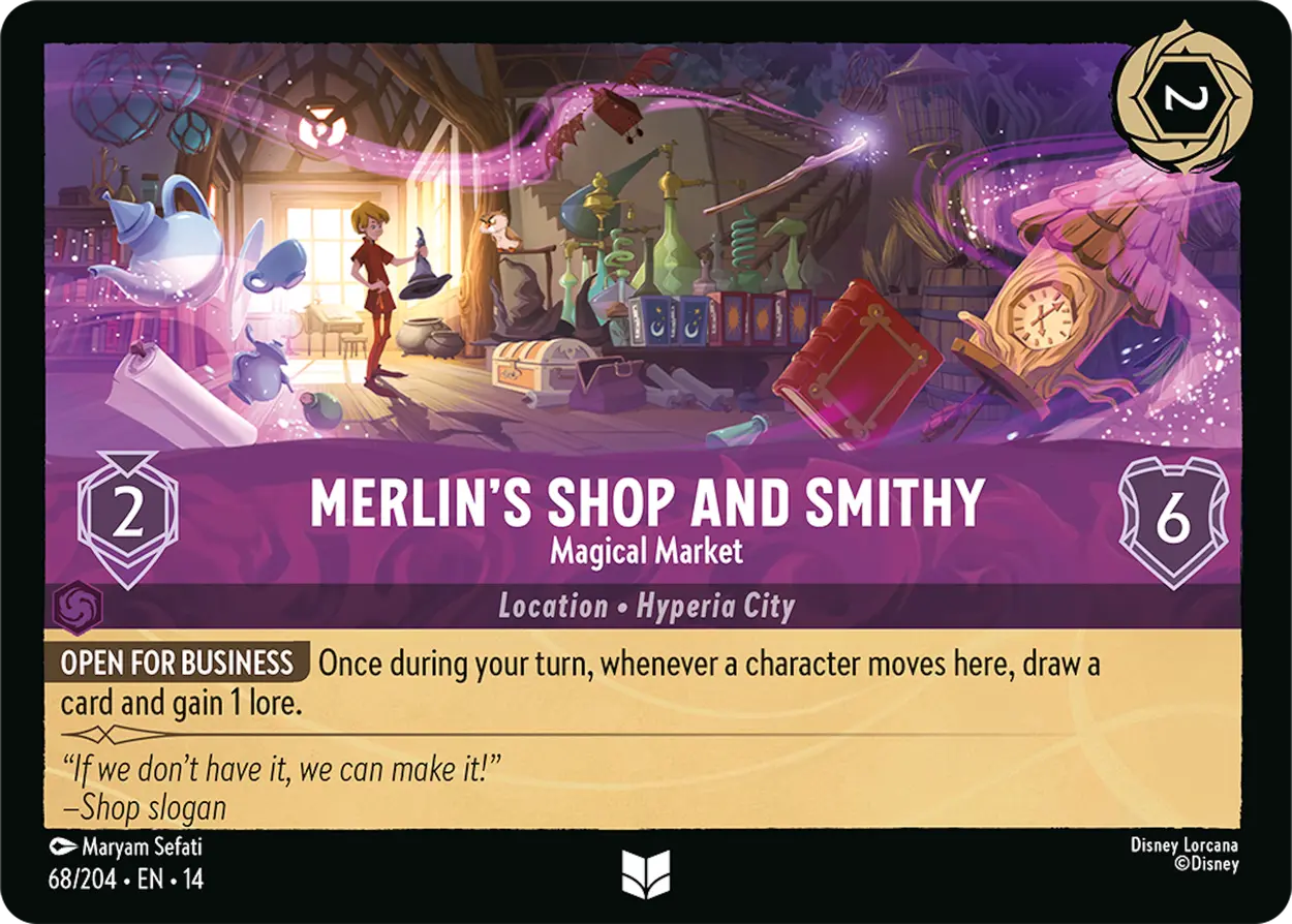 Carta de ubicación Merlin’s Shop and Smithy del set Hyperia City de Disney Lorcana, con la ilustración de la tienda de Merlín