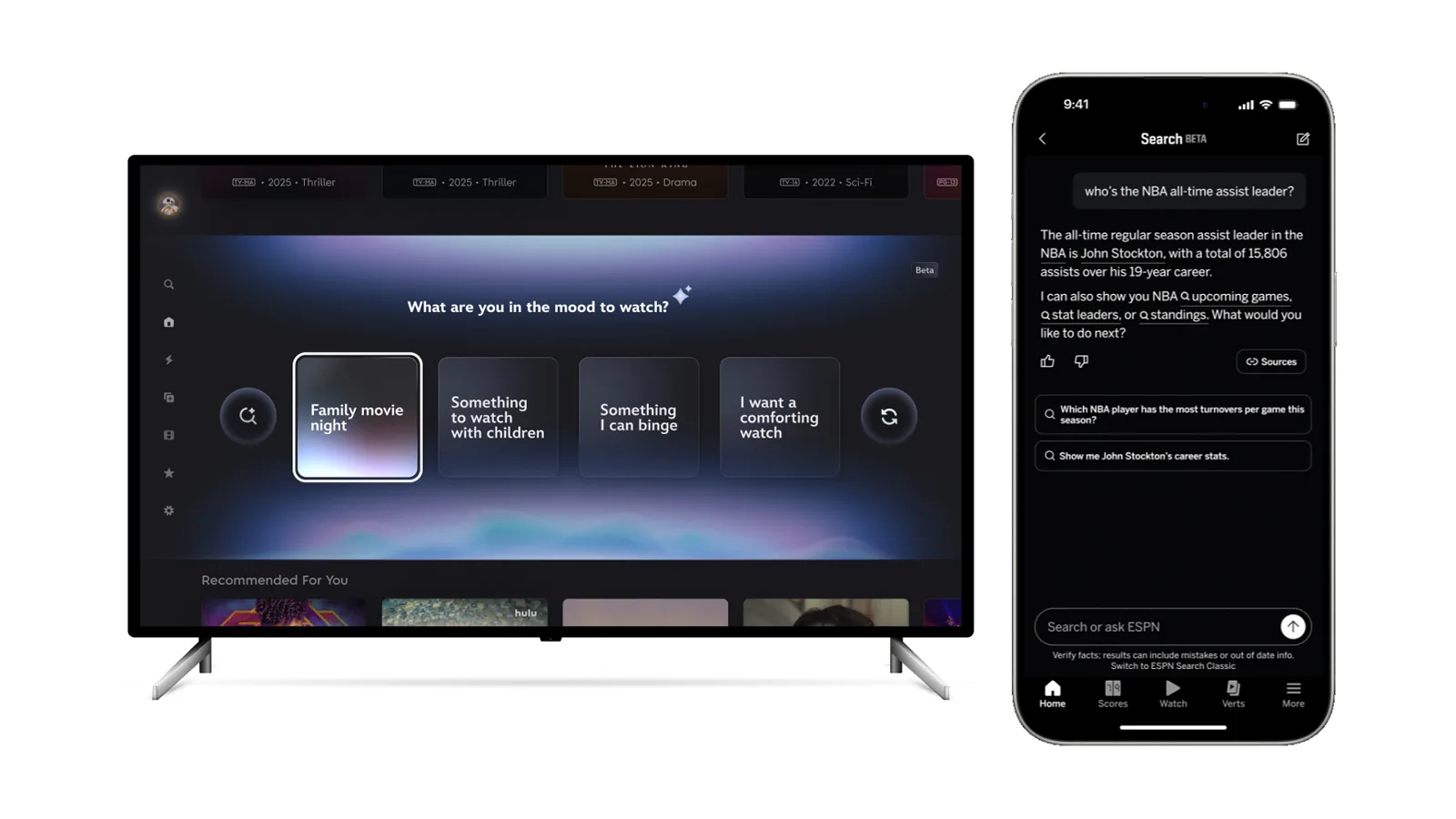 La búsqueda con IA de Disney Plus en un televisor junto a ESPN Search abierto en un celular, en las imágenes difundidas por Disney