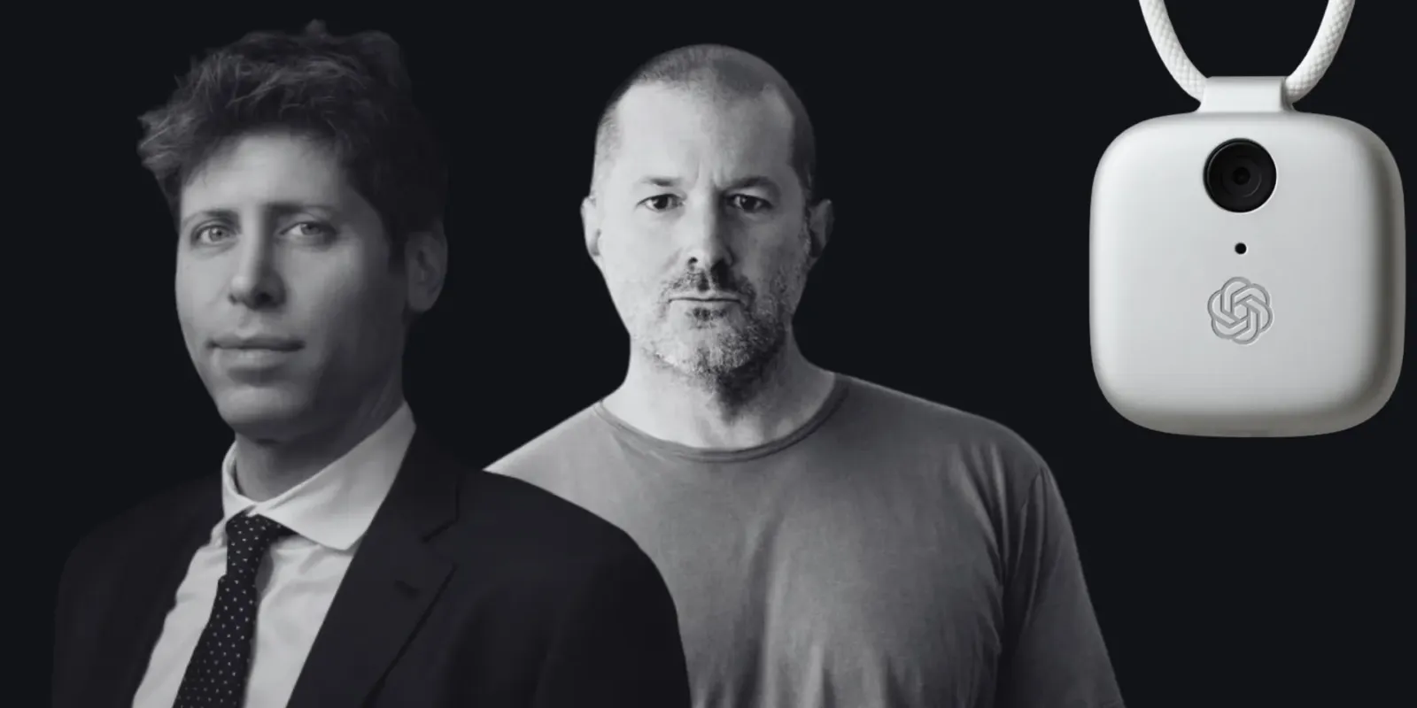 Sam Altman y Jony Ive junto a un concepto del dispositivo de IA de OpenAI