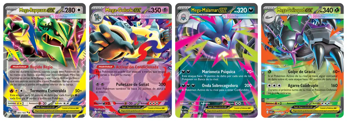 Las cuatro cartas Pokémon ex Megaevolución de Dominio Delta: Mega-Rayquaza ex, Mega-Golurk ex, Mega-Malamar ex y Mega-Golisopod ex
