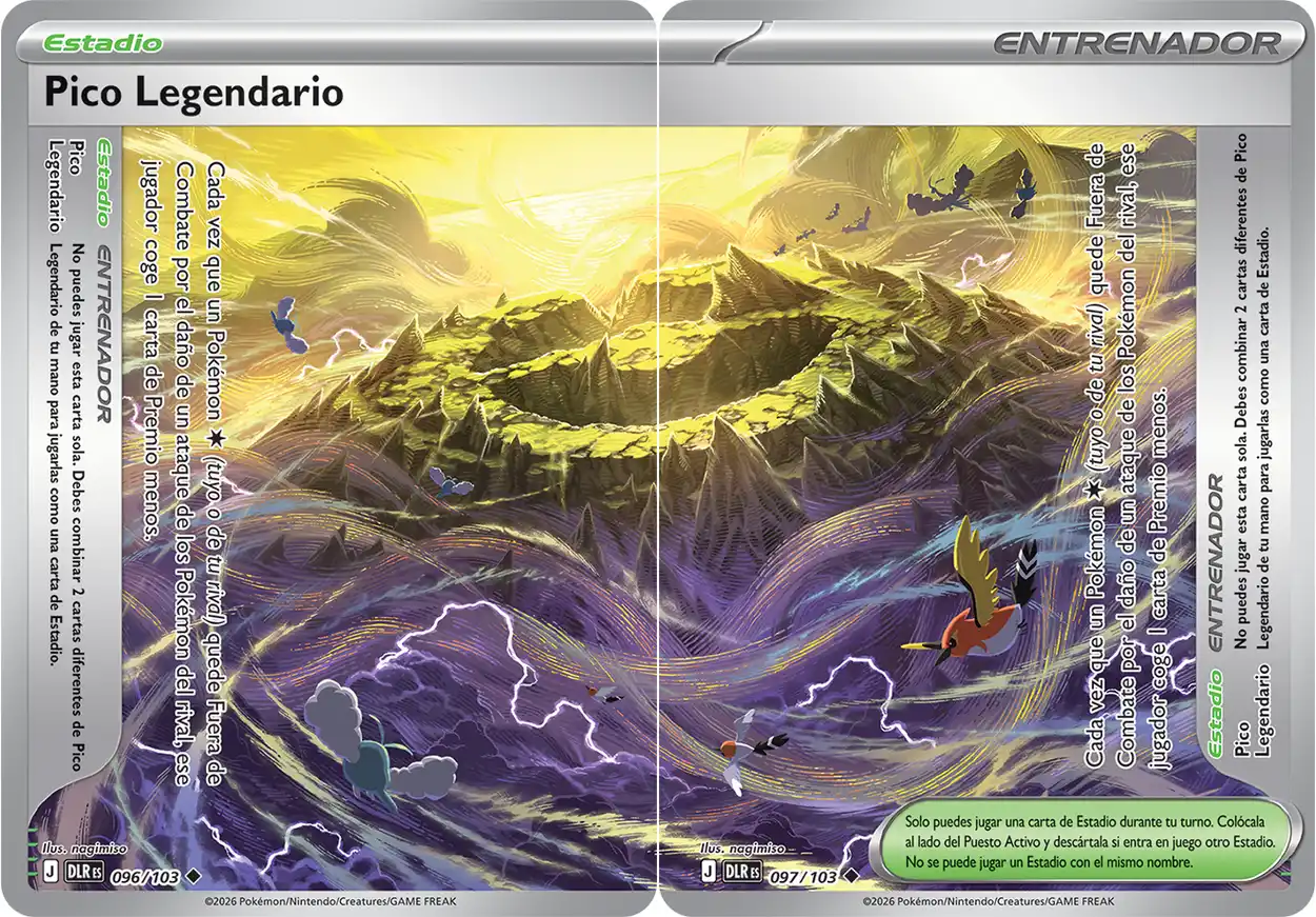 Las dos cartas del Estadio Legendario Pico Legendario de Dominio Delta unidas, formando una ilustración expandida
