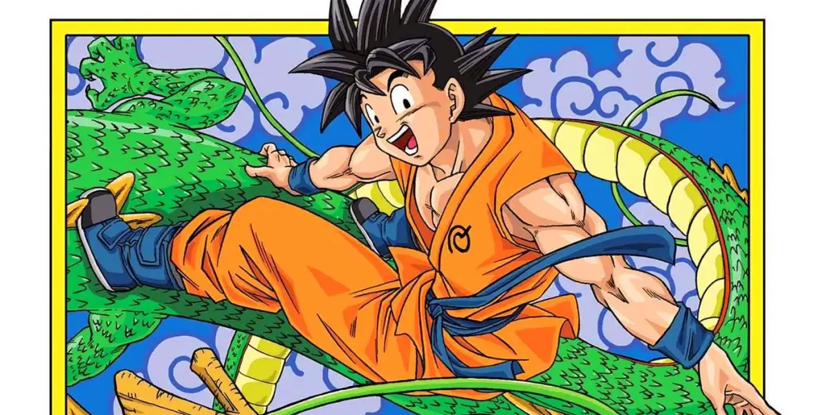 Goku volando junto a Shenlong en una ilustración del manga de Dragon Ball Super
