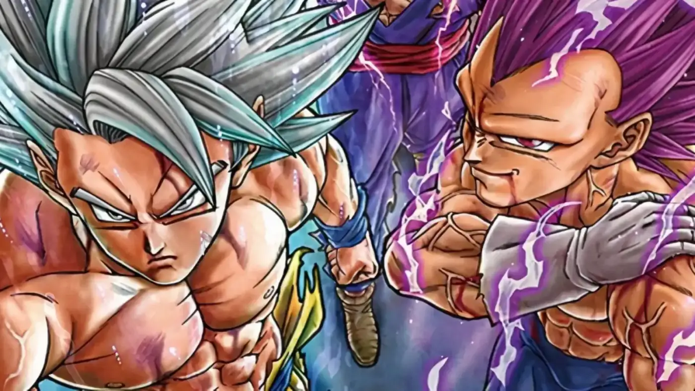 Goku en Ultra Instinto y Vegeta en Ultra Ego en un arte a color del manga de Dragon Ball Super