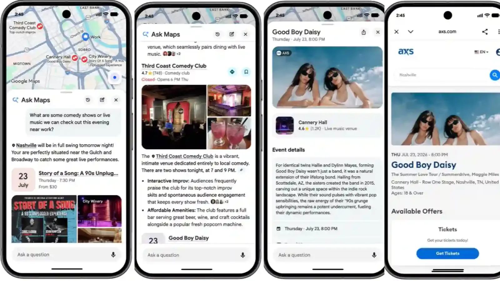 Ask Maps mostrando eventos cerca en Google Maps con enlaces para comprar entradas