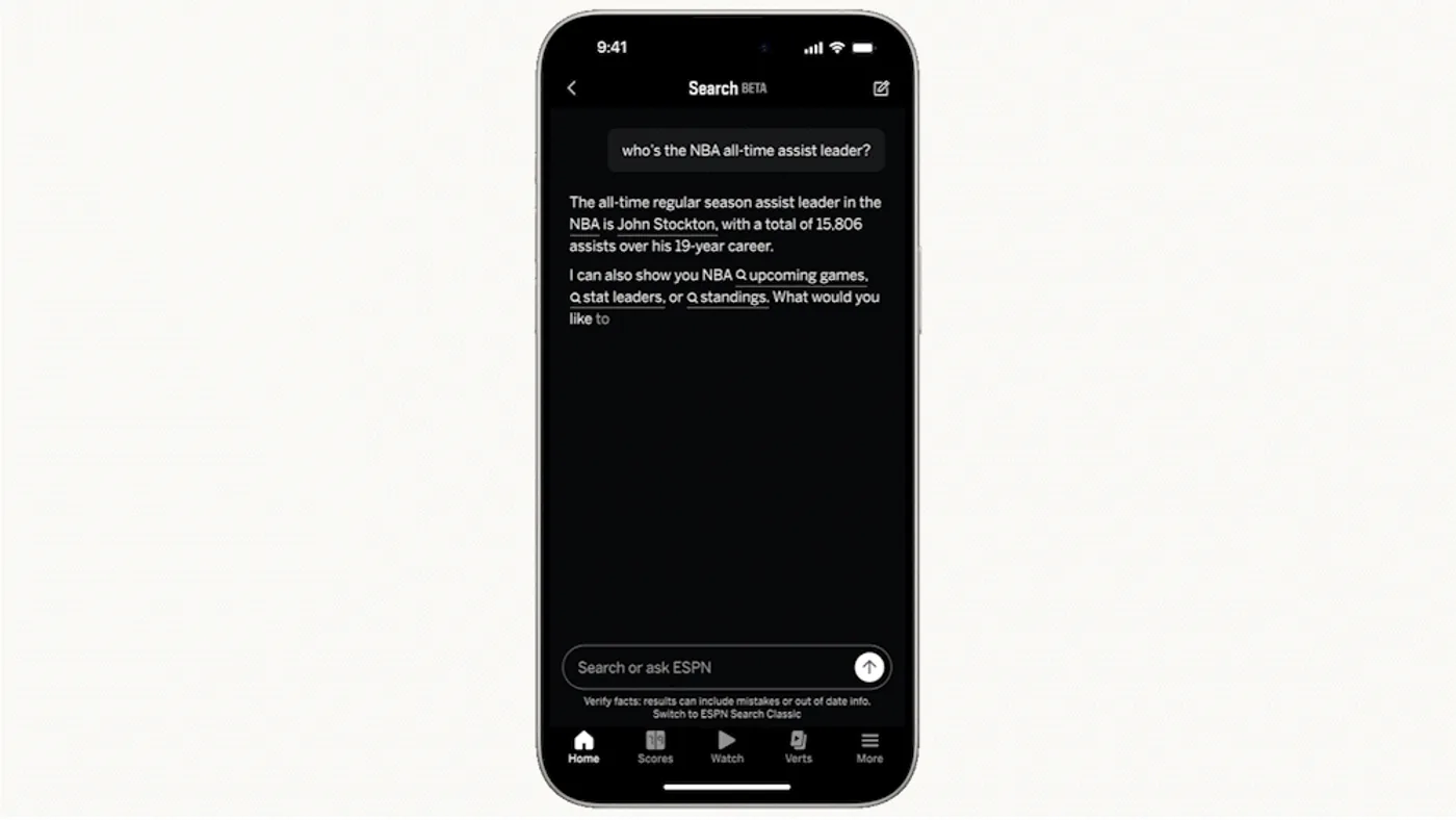 ESPN Search respondiendo en el celular quién es el máximo asistidor histórico de la NBA, con el aviso de que puede cometer errores