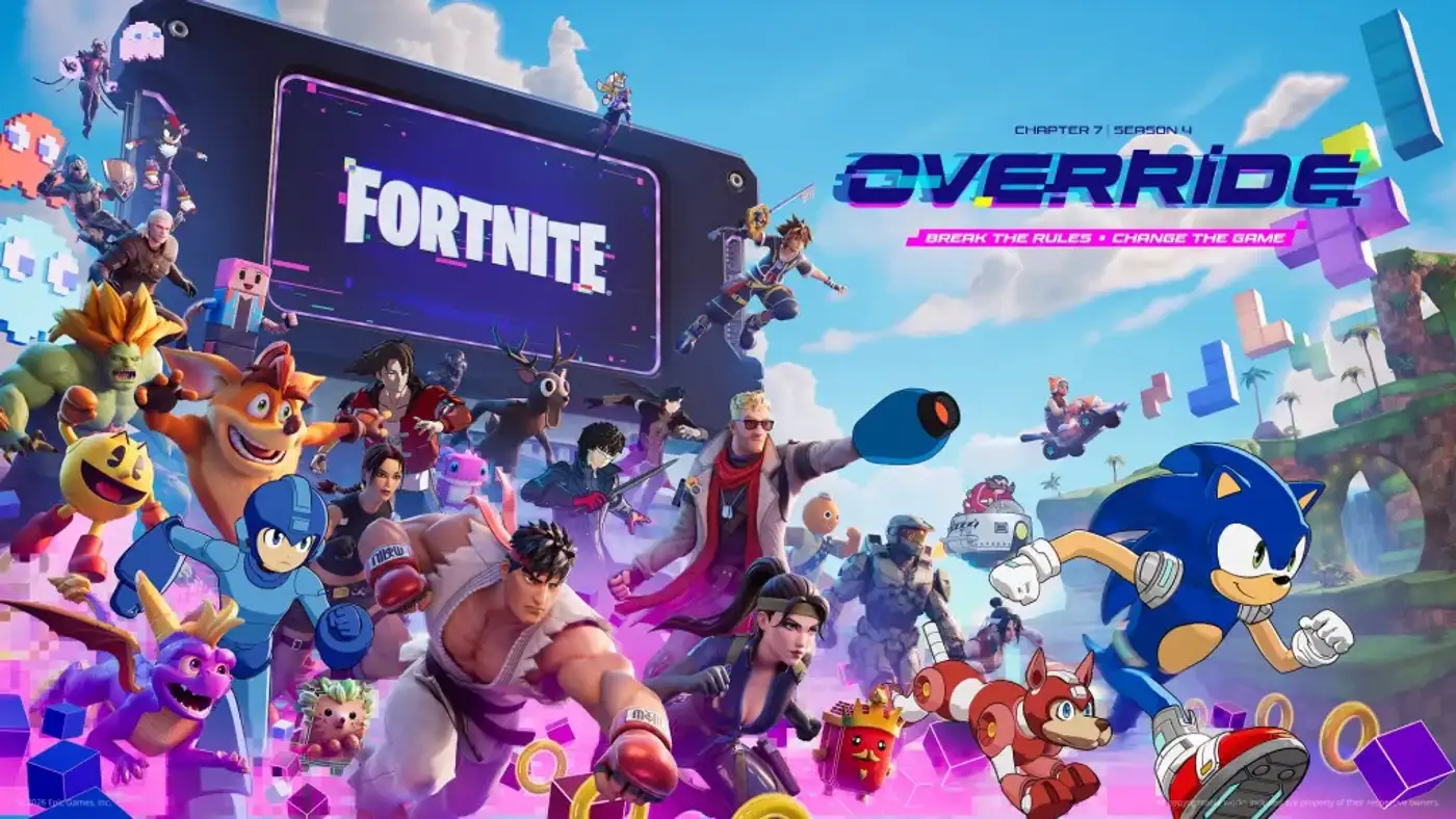 Arte oficial de Fortnite Override con Sonic, Crash Bandicoot, Mega Man y Pac-Man
