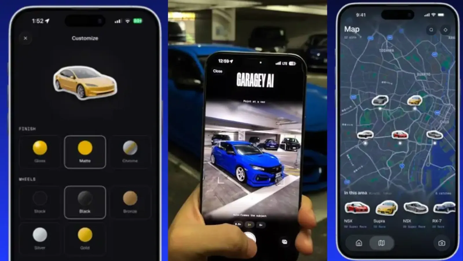 Capturas de Garagey AI: personalización de color y llantas, escaneo en vivo de un Honda Civic azul y el mapa de autos encontrados