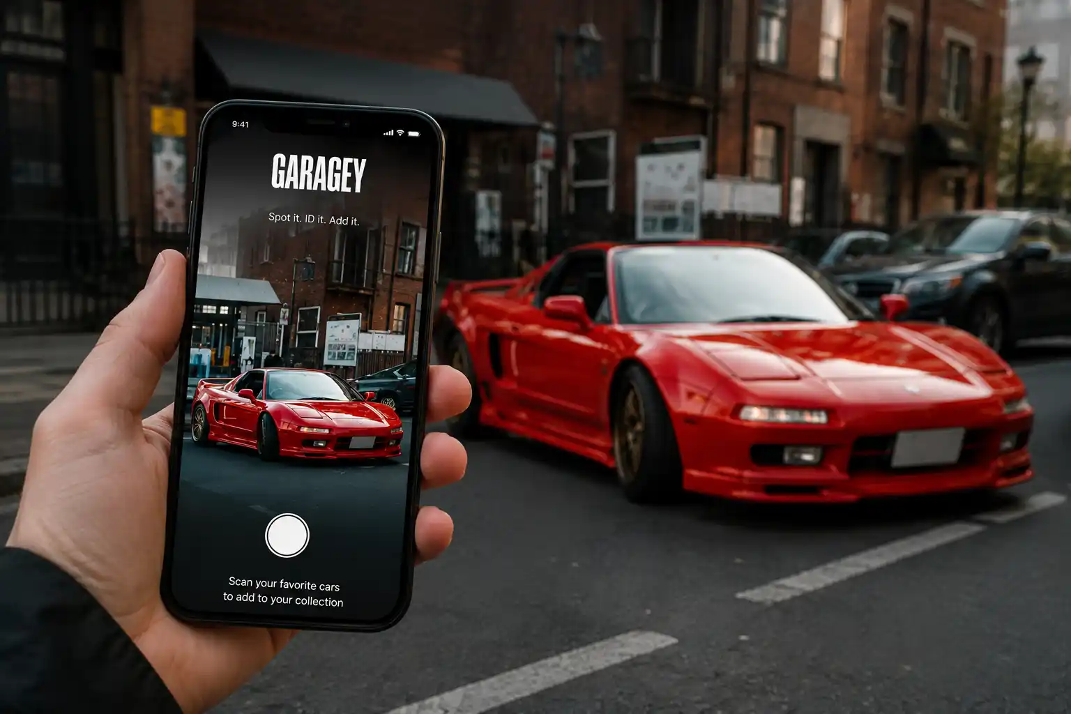 Garagey AI en un iPhone apuntando a un Honda NSX rojo estacionado en la calle