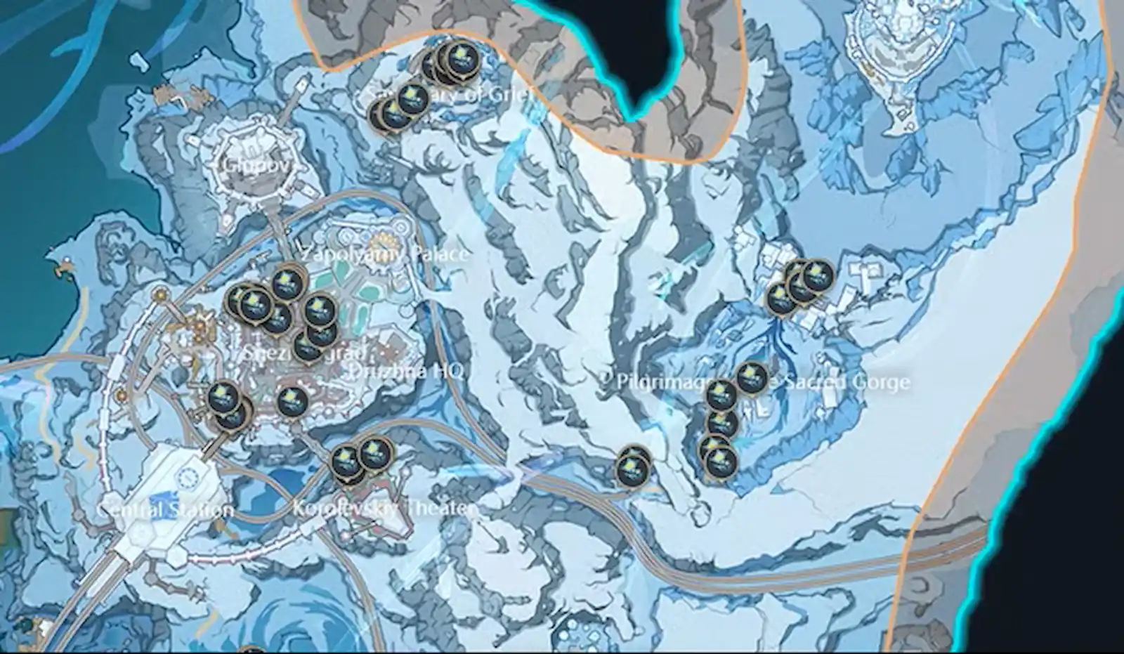 Mapa interactivo de Snezhnaya con los nodos de Flor frigifeérica marcados en Genshin Impact 7.0