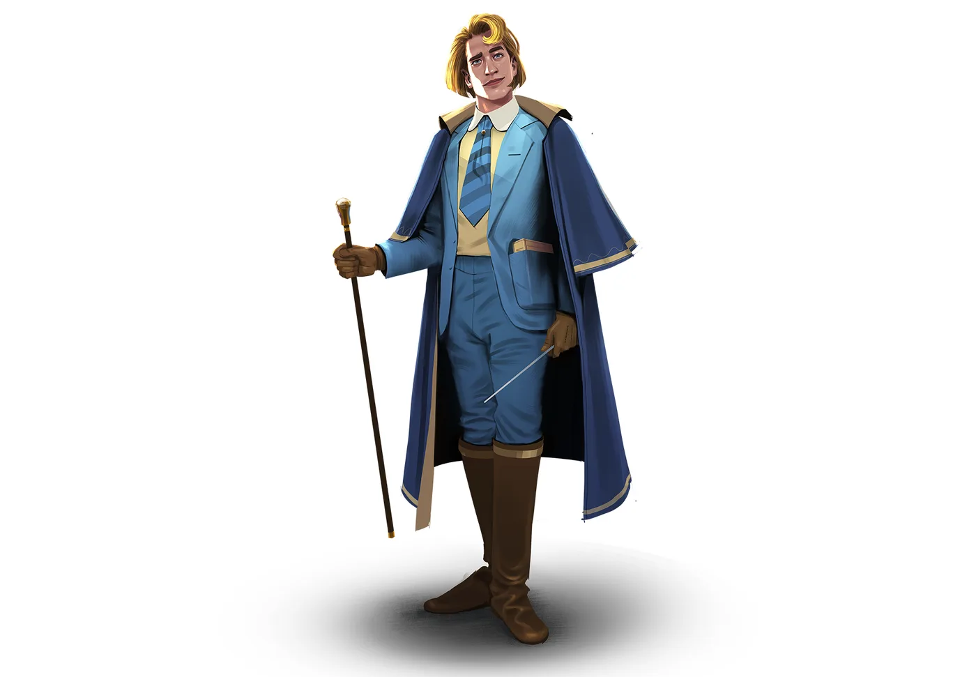 Ilustración oficial de Gilderoy Lockhart con túnica azul y pelo rubio ondulado, como lo describen los libros de Harry Potter