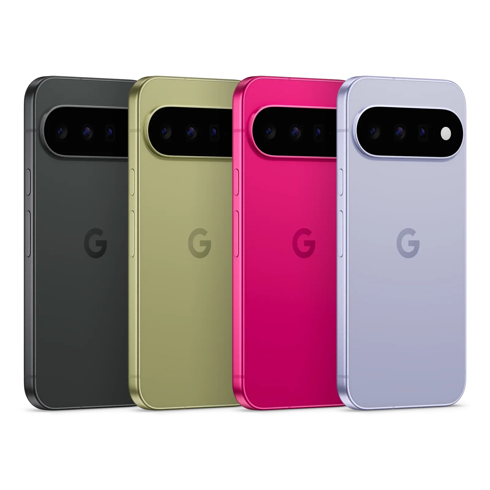 Los cuatro colores del Google Pixel 11: Obsidian, Pistachio, Hibiscus y Frost, vistos de atrás
