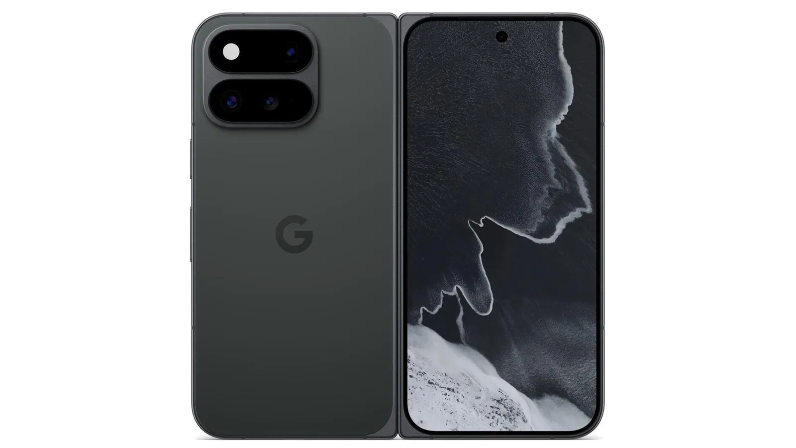 El Google Pixel 11 Pro Fold en color Obsidian, cerrado y con la pantalla externa encendida