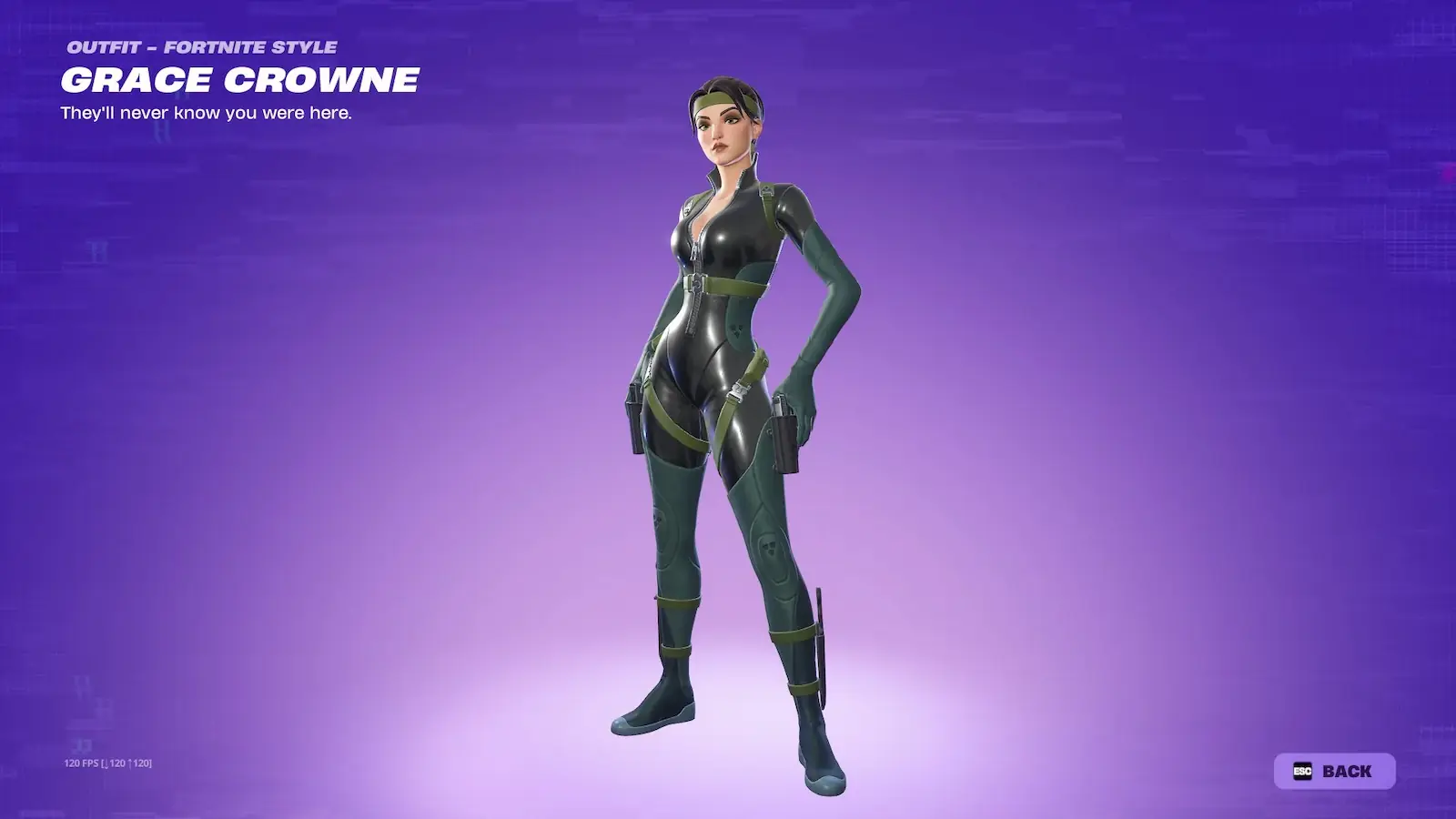 El aspecto base de Grace Crowne en el casillero de Fortnite, con su traje verde oscuro