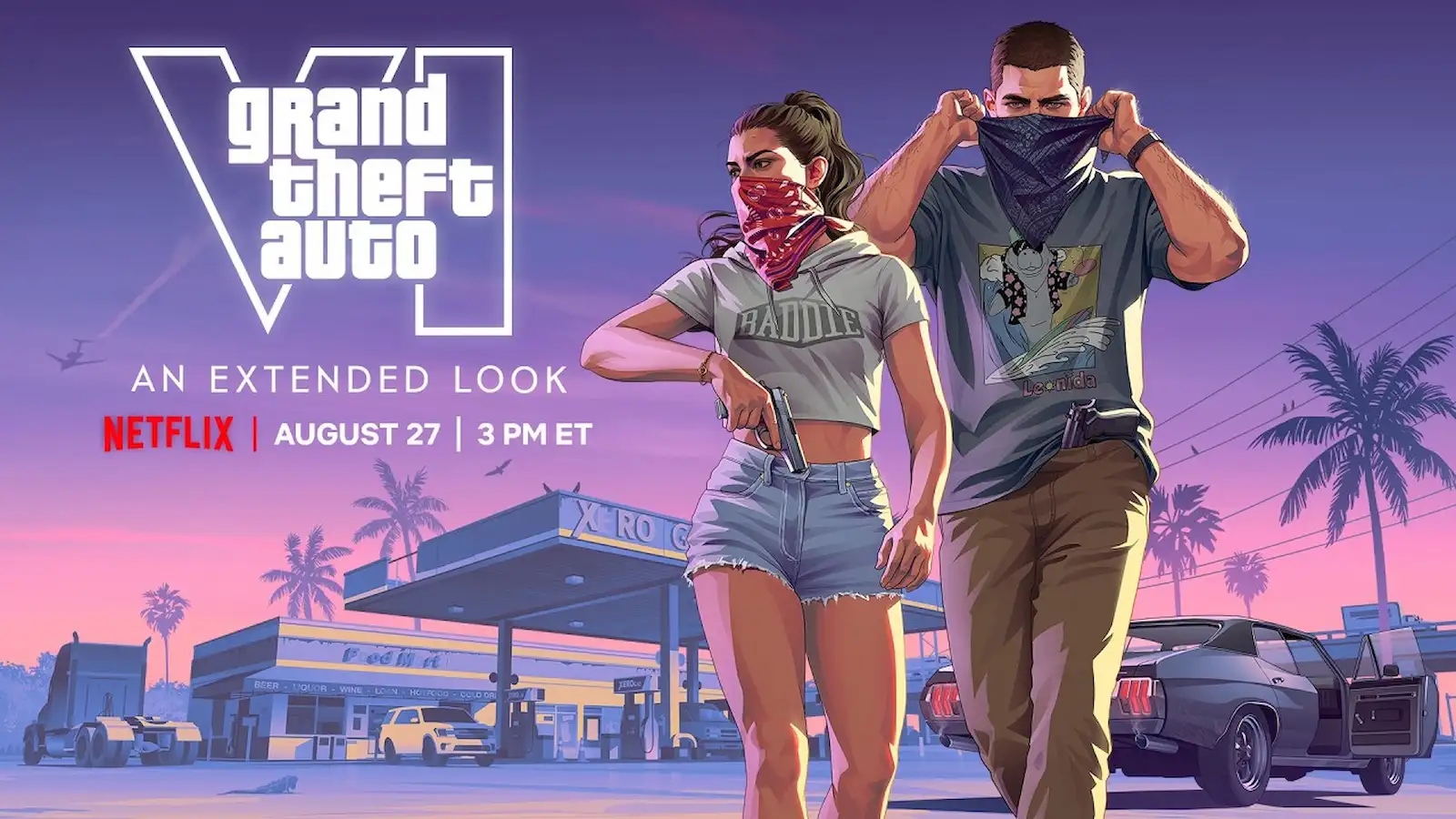 Arte oficial de Grand Theft Auto VI con Jason y Lucía y la placa del estreno de An Extended Look en Netflix el 27 de agosto