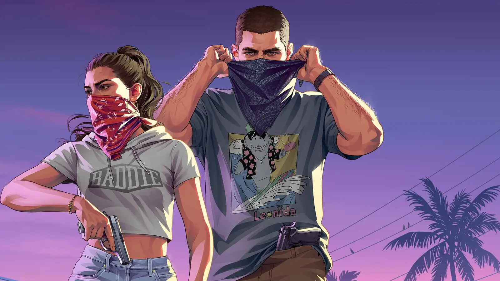 Jason y Lucía con pañuelos tapándose la cara en el arte oficial de GTA 6: An Extended Look, el video que Rockstar estrenó en Netflix