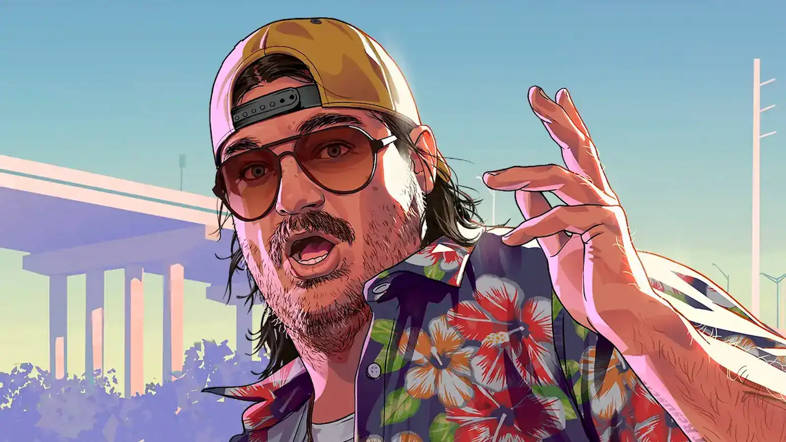 Arte oficial de GTA 6: un personaje con gorra y camisa floreada frente al paisaje de Vice City