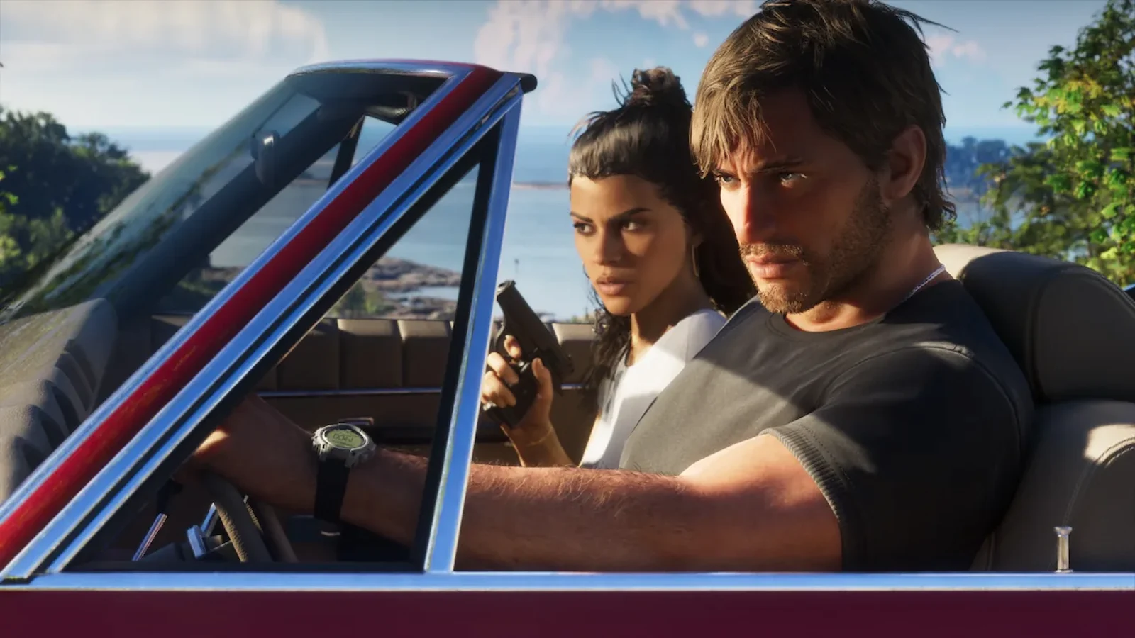Jason y Lucia manejando un auto descapotable por las calles de Vice City en GTA 6