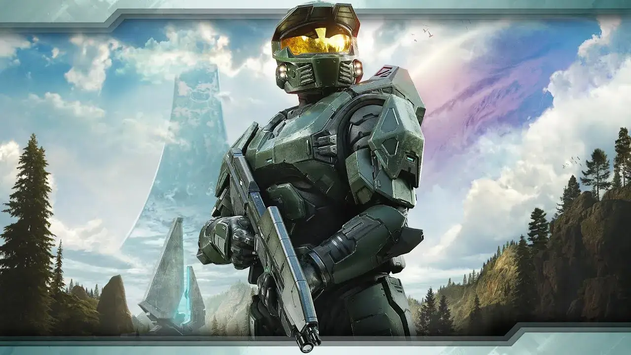Master Chief con un rifle frente a un paisaje del anillo Halo, en Halo Campaign Evolved