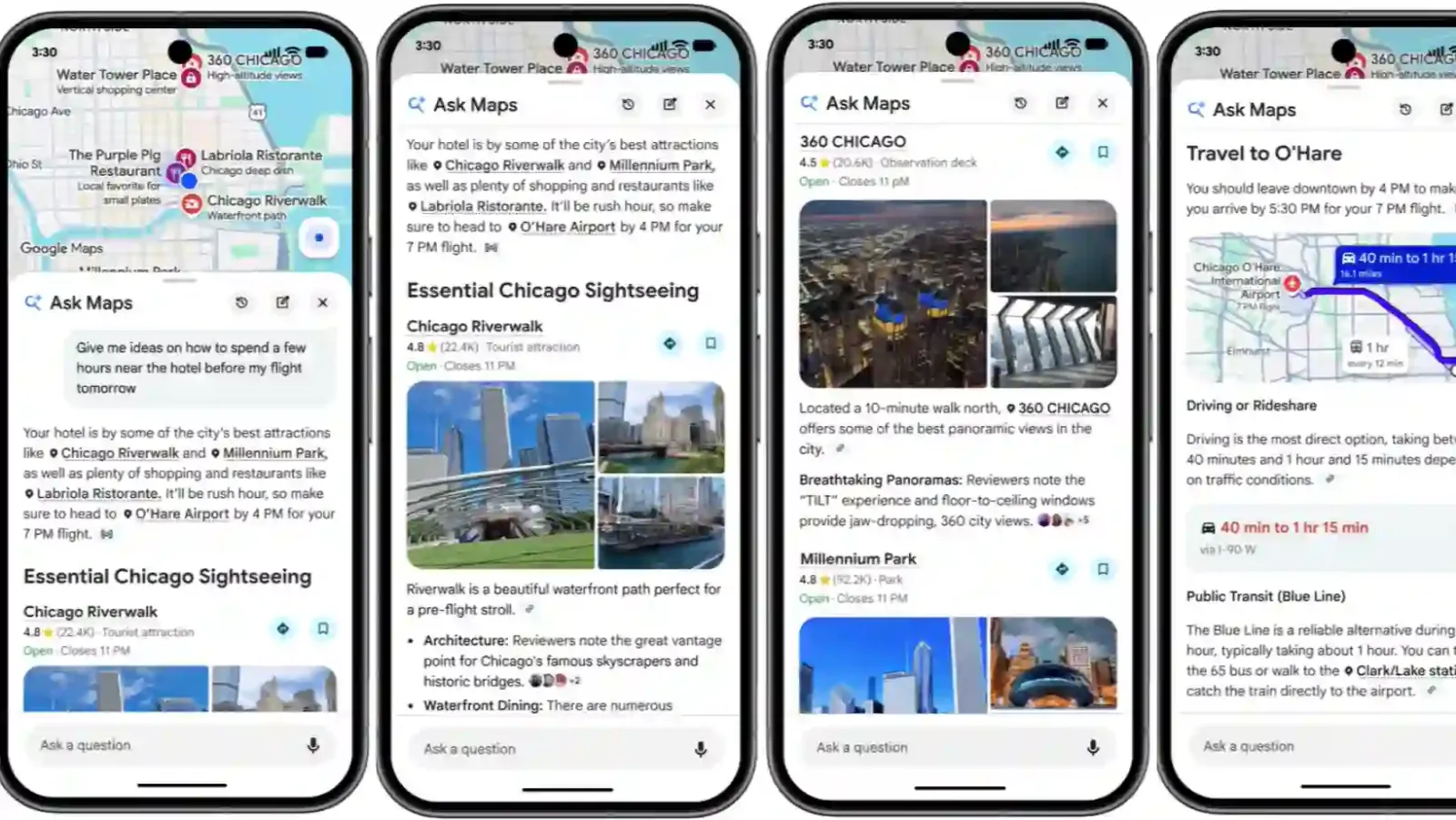 Respuestas personalizadas de Ask Maps en Google Maps con sugerencias armadas sobre un itinerario de viaje