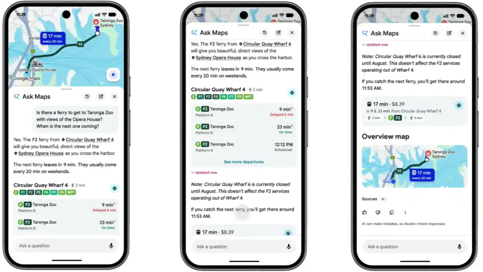 Widget de transporte en tiempo real en Ask Maps de Google Maps con horarios de ferris