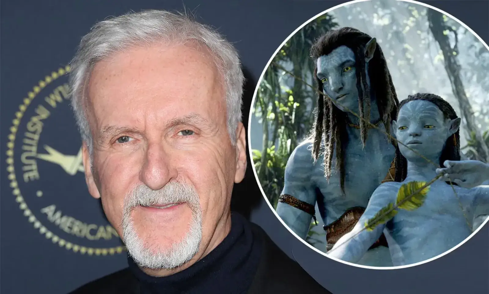 James Cameron en una alfombra roja, con un recuadro de dos personajes Navi de Avatar en la selva