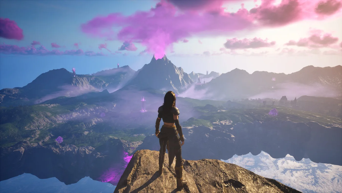 Luminary: una heroína observa un paisaje de fantasía con cielo violeta y montañas