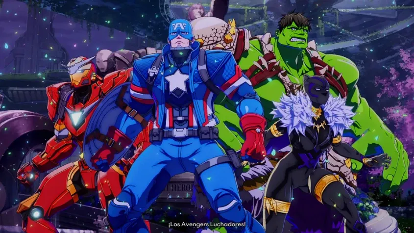 Pantalla del equipo Los Avengers Luchadores en MARVEL Tokon: Fighting Souls, con Iron Man, Captain America, Hulk y Black Panther