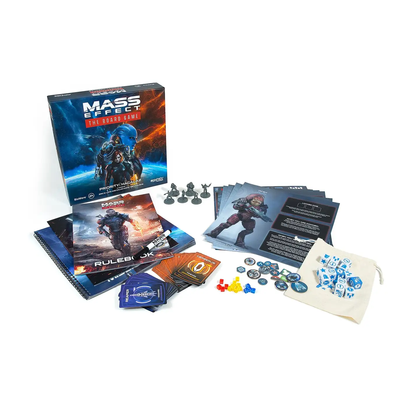 Componentes del Mass Effect juego de mesa Priority Hagalaz: caja, reglamento, cartas, fichas y miniaturas