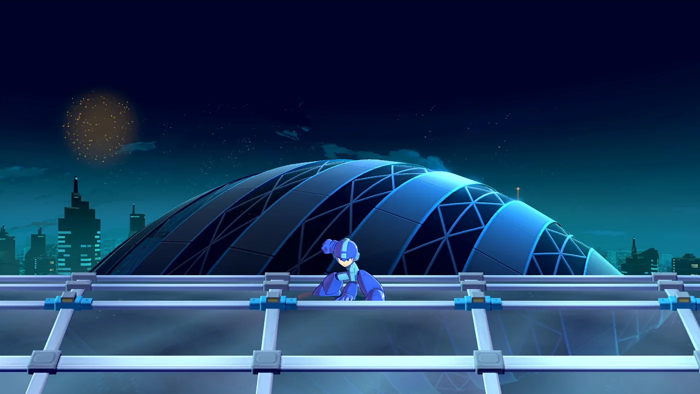 Mega Man observa un domo iluminado sobre la ciudad nocturna en un escenario de Mega Man Dual Override