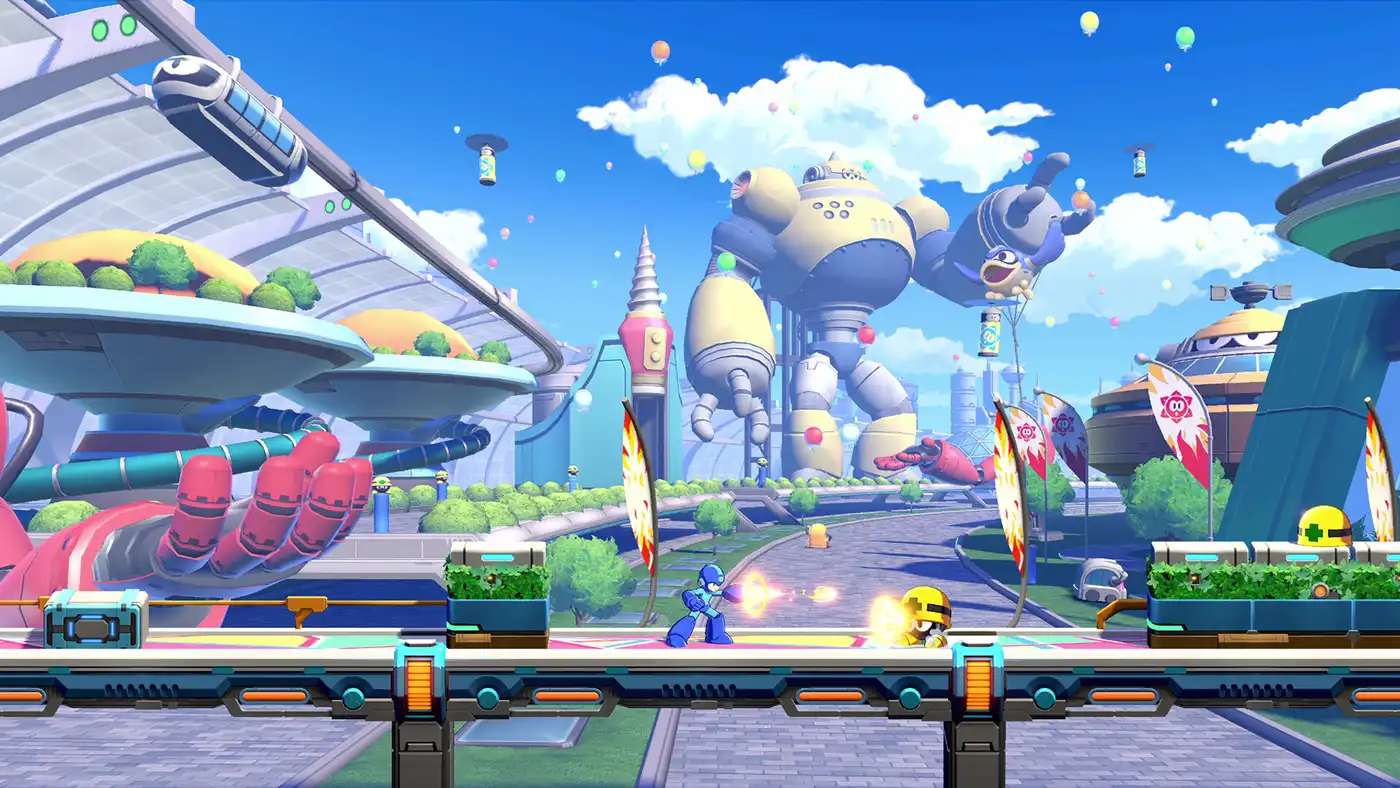 Mega Man dispara a un enemigo desde una pasarela de la Exhibición de Robots en Mega Man Dual Override, con robots gigantes de fondo
