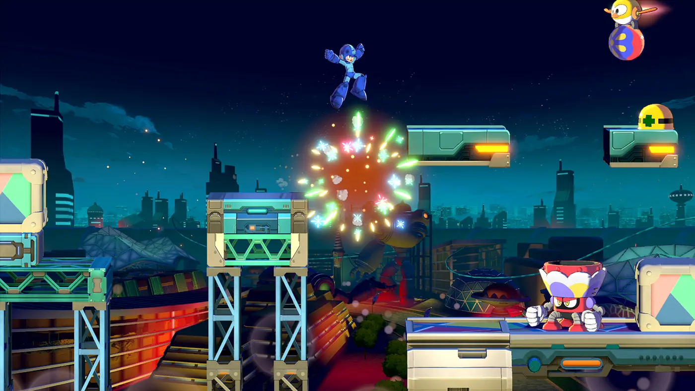 Mega Man salta entre plataformas mientras estallan fuegos artificiales en un escenario nocturno de Mega Man Dual Override
