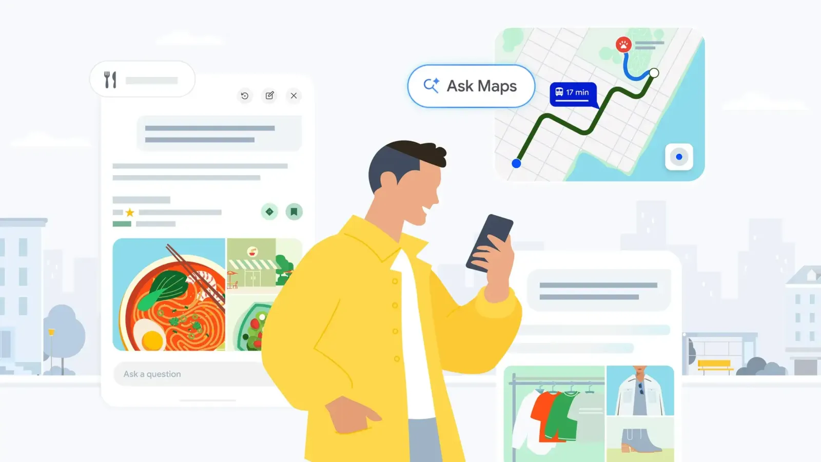 Ilustración de Google que muestra las mejoras de Ask Maps en Google Maps