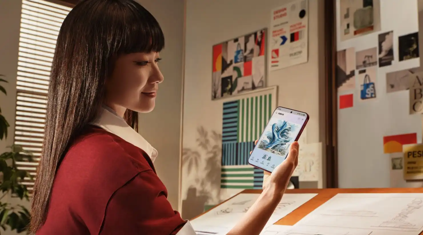 Mujer usando el Huawei Pura X View en un escritorio, con la pantalla ancha en primer plano