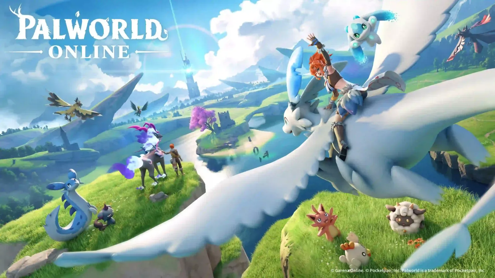 Arte clave de Palworld Online con personajes montando Pals sobre colinas verdes