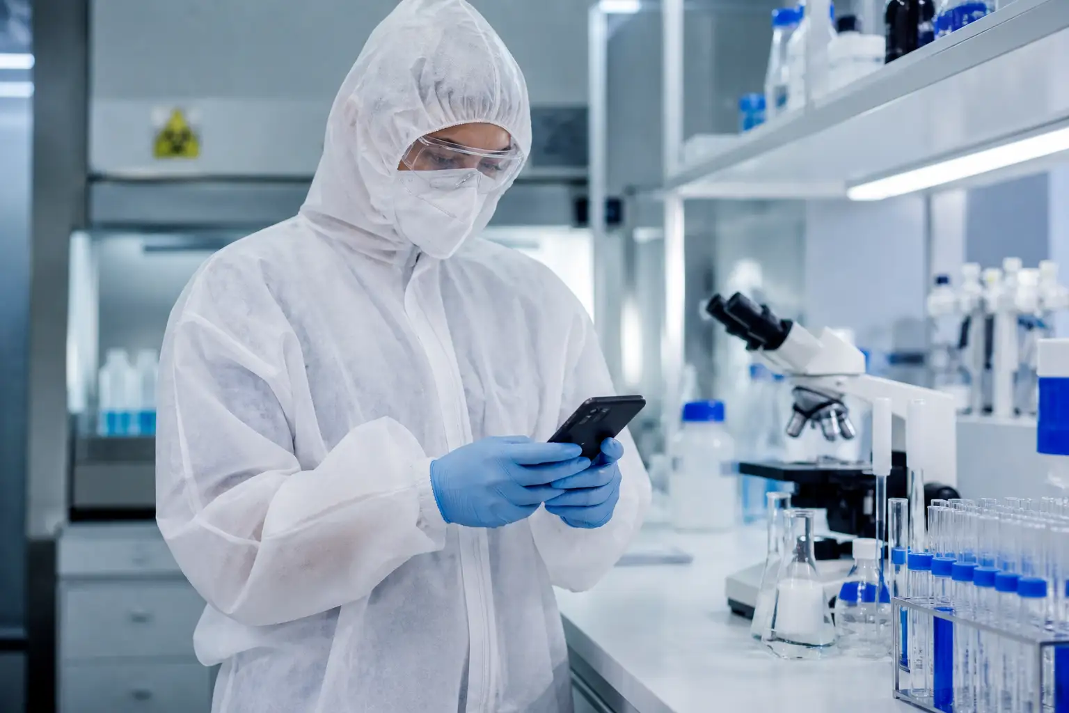 persona en un laboratorio usando el celular