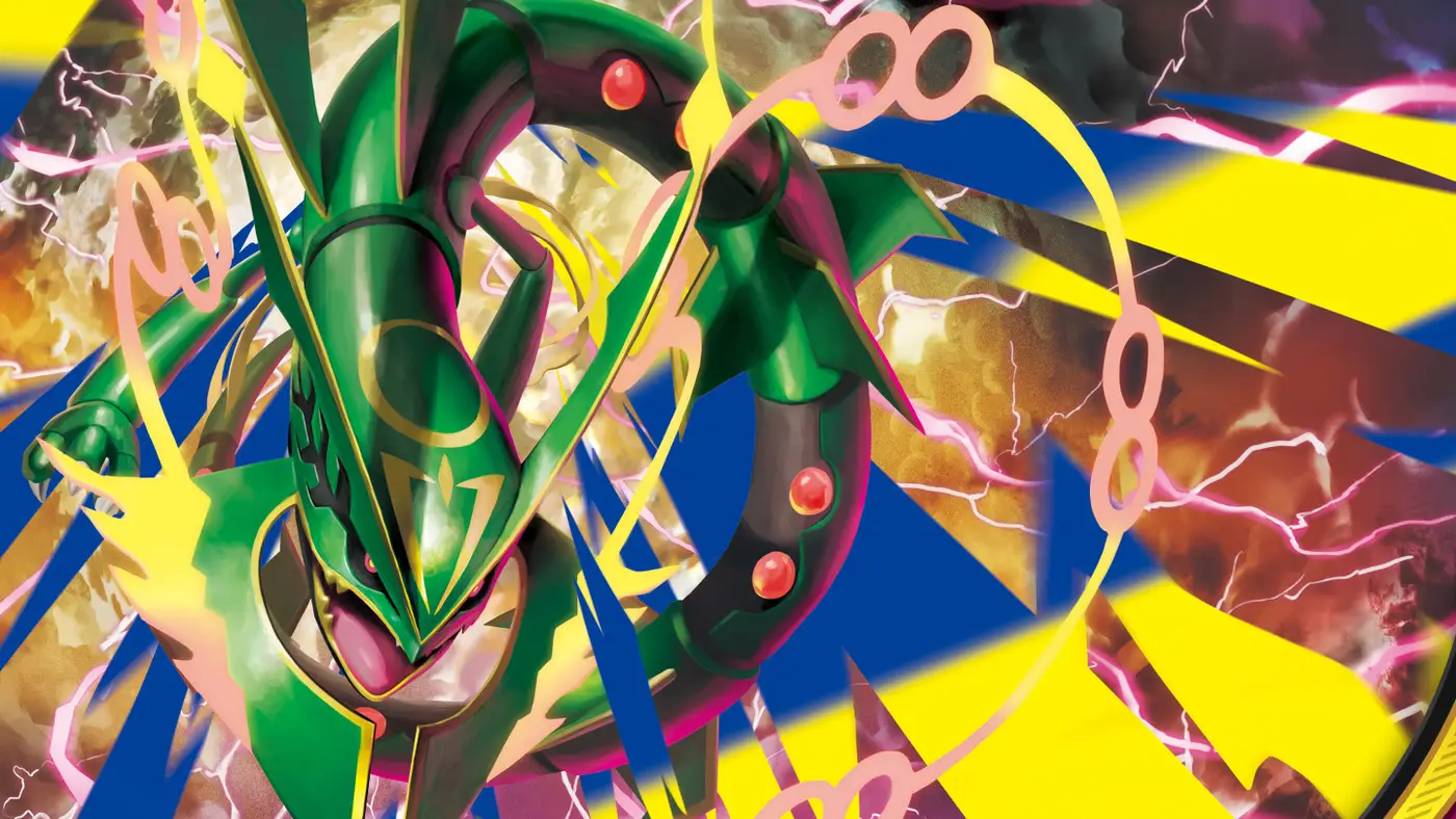 Arte oficial de Mega-Rayquaza ex para la expansión Dominio Delta del Pokémon TCG
