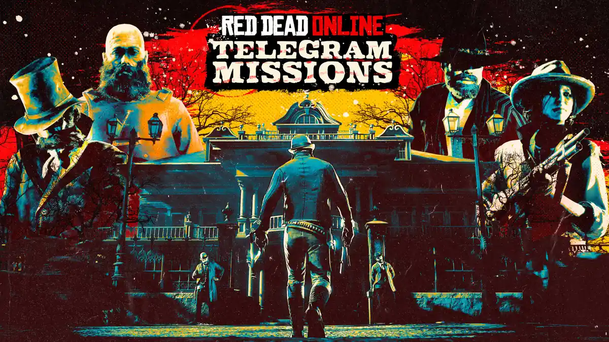 Arte oficial de los trabajos por telegrama de Red Dead Online con Theodore Levin y la mansión de fondo