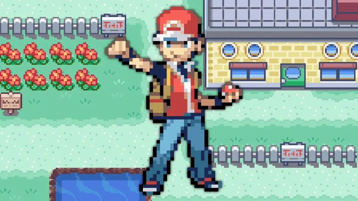 Red, el protagonista de Pokémon Rojo, en el arte pixelado clásico de la saga
