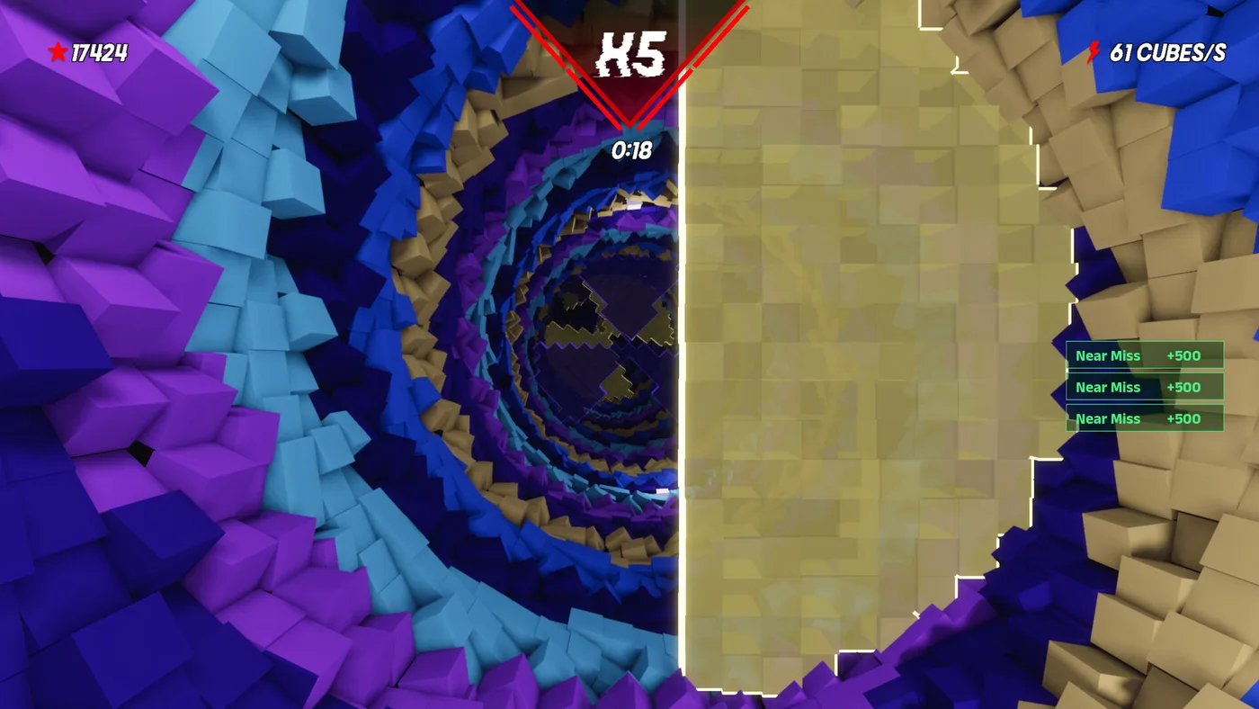 Túnel de bloques con patrones psicodélicos multicolores en Sensory Overload, el juego de Pancake Studios