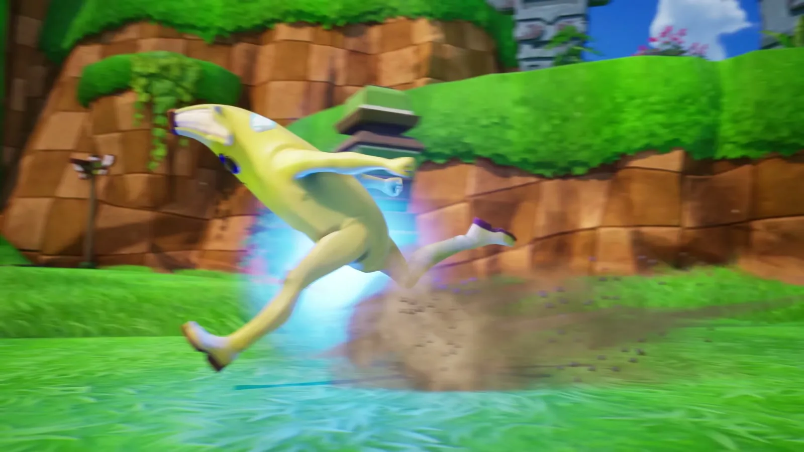 Peely, el personaje banana de Fortnite, corre con una estela azul por la Green Hill Zone de Sonic en el teaser oficial