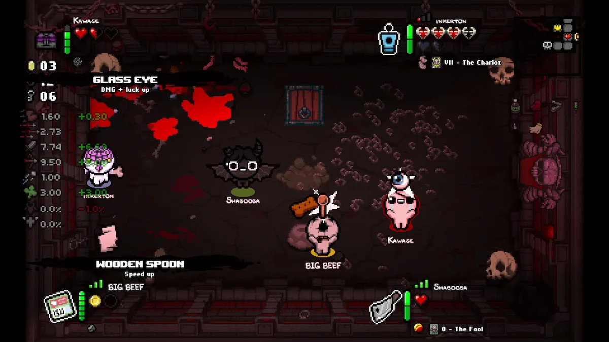 Partida cooperativa de The Binding of Isaac Repentance+ Online con varios personajes en pantalla