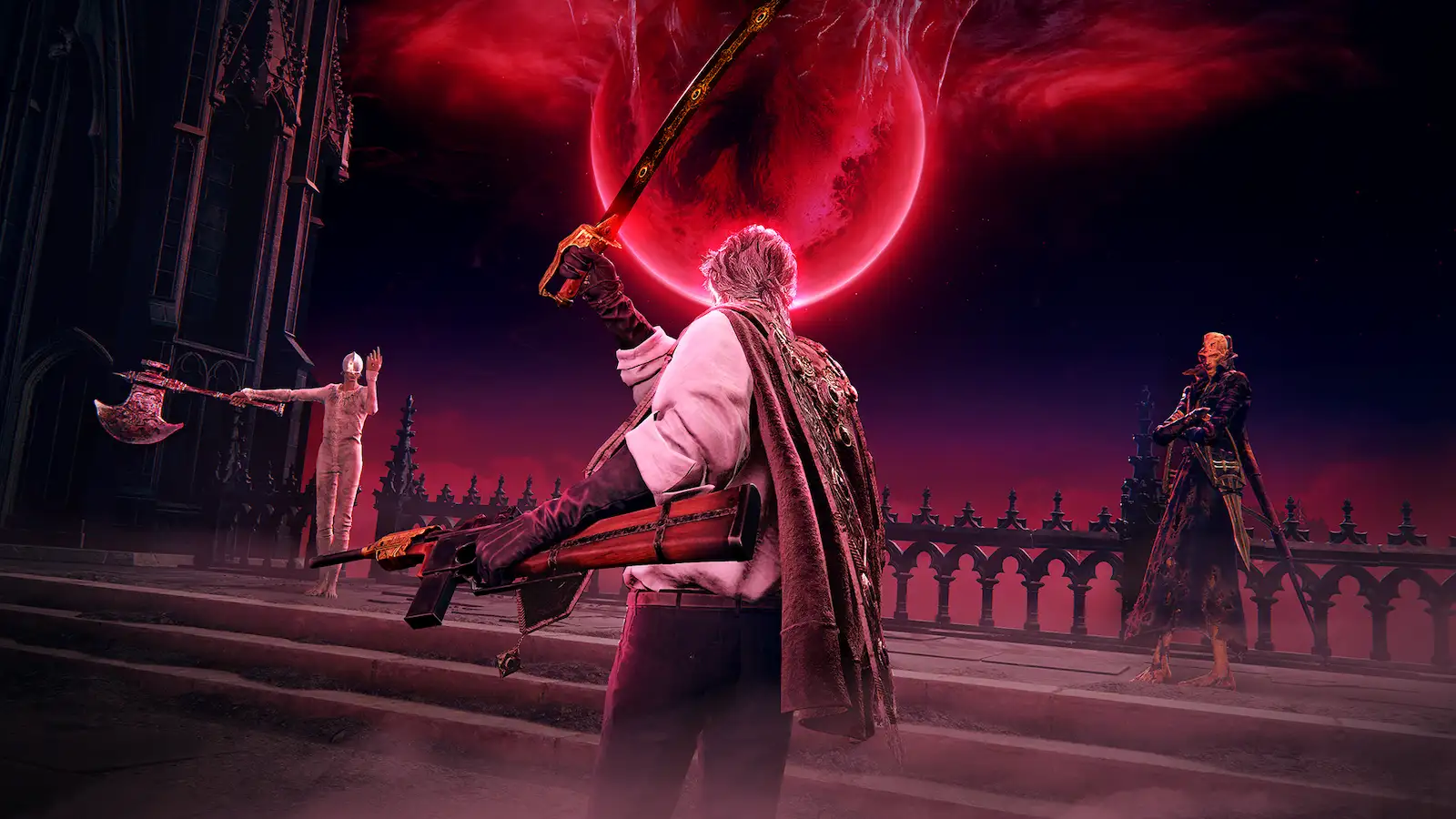 Un personaje de The Duskbloods frente a la luna roja, en el multijugador de FromSoftware para Nintendo Switch 2