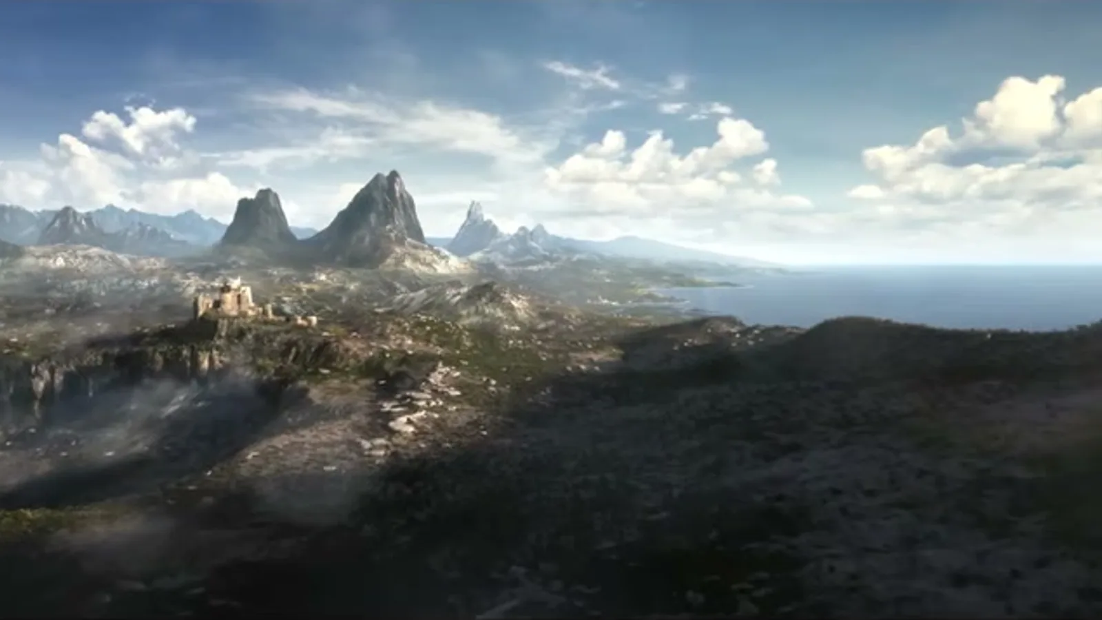 Paisaje montañoso con el mar al fondo en el teaser de anuncio de The Elder Scrolls VI