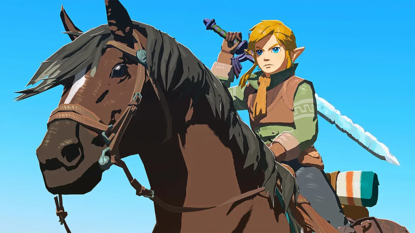 Link a caballo con la espada al hombro en el arte de The Legend of Zelda
