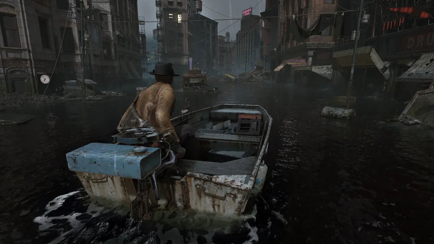 The Sinking City 2: un personaje navega en bote por las calles inundadas de Arkham